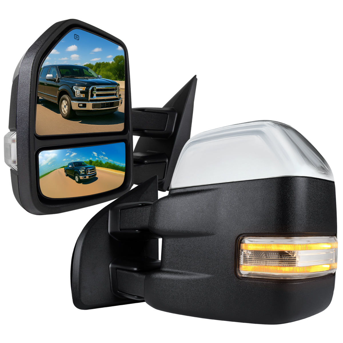2015-2020 Ford F-150 Power Adjustable, Heated, & Manual Extendable 8-Pin/22-Pin Chrome Towing Mirrors w/ LED Turn Signal, Clearance, & Puddle Lights