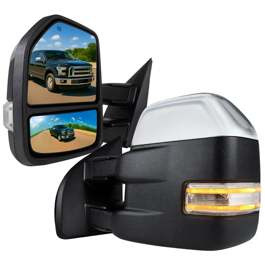 2015-2020 Ford F-150 Power Adjustable, Heated, & Manual Extendable 8-Pin/22-Pin Chrome Towing Mirrors w/ LED Turn Signal, Clearance, & Puddle Lights