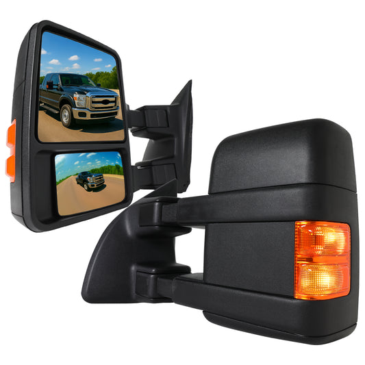 2003-2015 Ford F-250/F-350/F-450/F-550 Manual Adjustable & Extendable Towing Mirrors w/ Amber Lens Turn Signal Lights