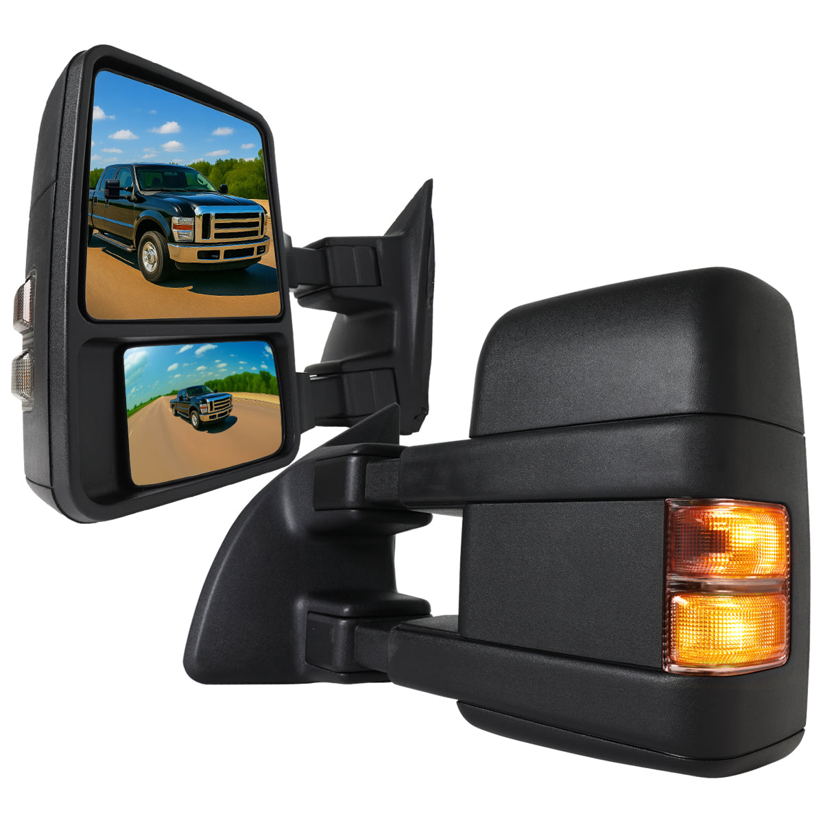 1999-2016 Ford F-250/F-350/F-450/F-550 Manual Adjustable & Extendable Towing Mirrors w/ Smoked Lens Turn Signal Lights