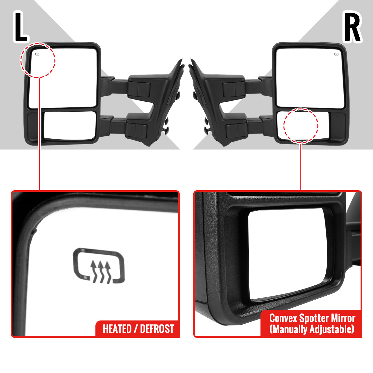 2008-2016 Ford F-250/F-350/F-450/F-550 Power Adjustable, Heated, & Manual Extendable Towing Mirrors w/ Smoked Lens Turn Signal Lights