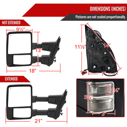 2008-2016 Ford F-250/F-350/F-450/F-550 Power Adjustable, Heated, & Manual Extendable Towing Mirrors w/ Smoked Lens Turn Signal Lights