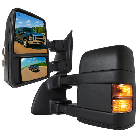 2008-2016 Ford F-250/F-350/F-450/F-550 Power Adjustable, Heated, & Manual Extendable Towing Mirrors w/ Smoked Lens Turn Signal Lights