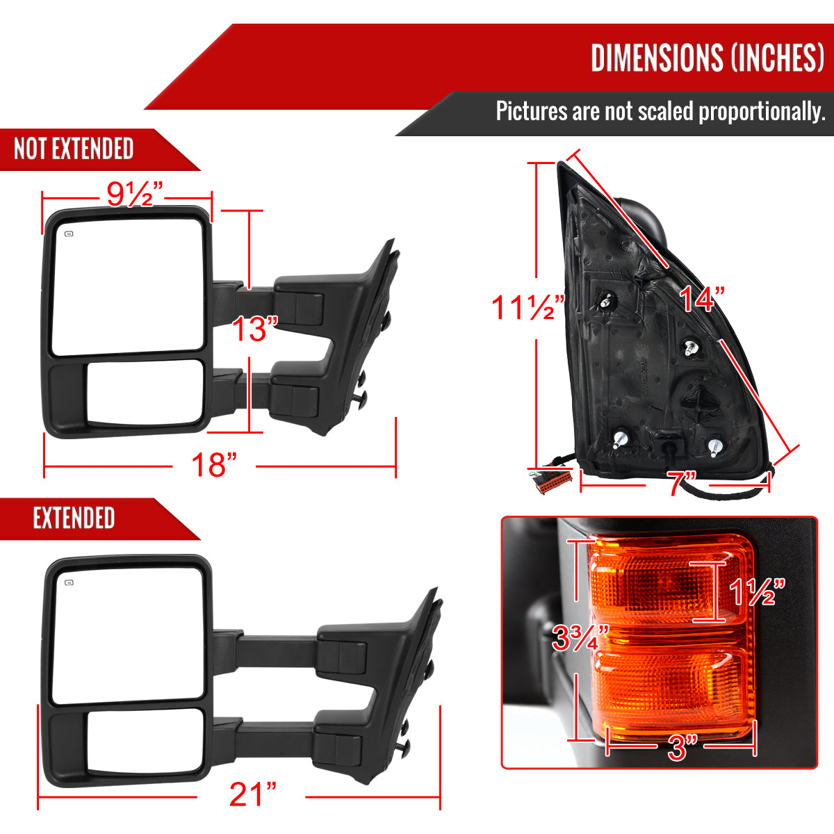 2008-2016 Ford F-250/F-350/F-450/F-550 Power Adjustable, Heated, & Manual Extendable Towing Mirrors w/ Amber Lens LED Turn Signal Lights