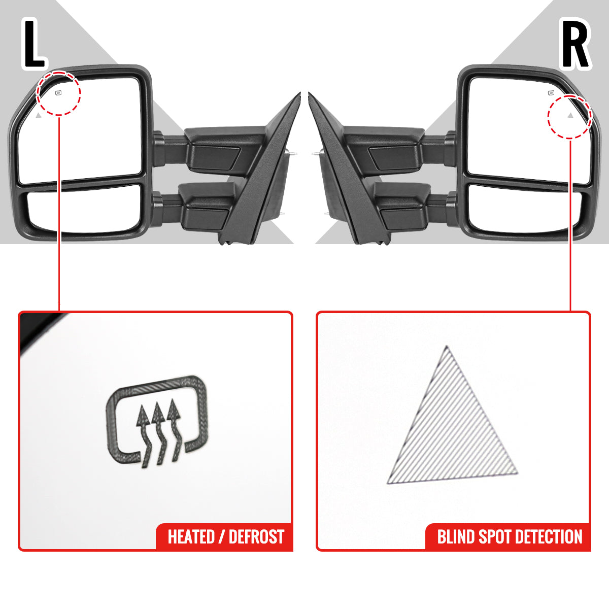 2017-2019 Ford F-250/F-350/F-450/F-550 Power Adjustable, Heated, & Manual Extendable Towing Mirrors w/ LED Turn Signal, Clearance, & Auxiliary Lights