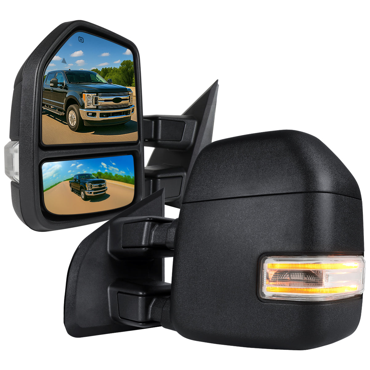 2017-2019 Ford F-250/F-350/F-450/F-550 Super Duty Power Adjustable, Heated, BSM, ATS, & Manual Extendable Towing Mirrors w/ Clear Lens LED Turn Signal, Clearance, & Auxiliary Lights