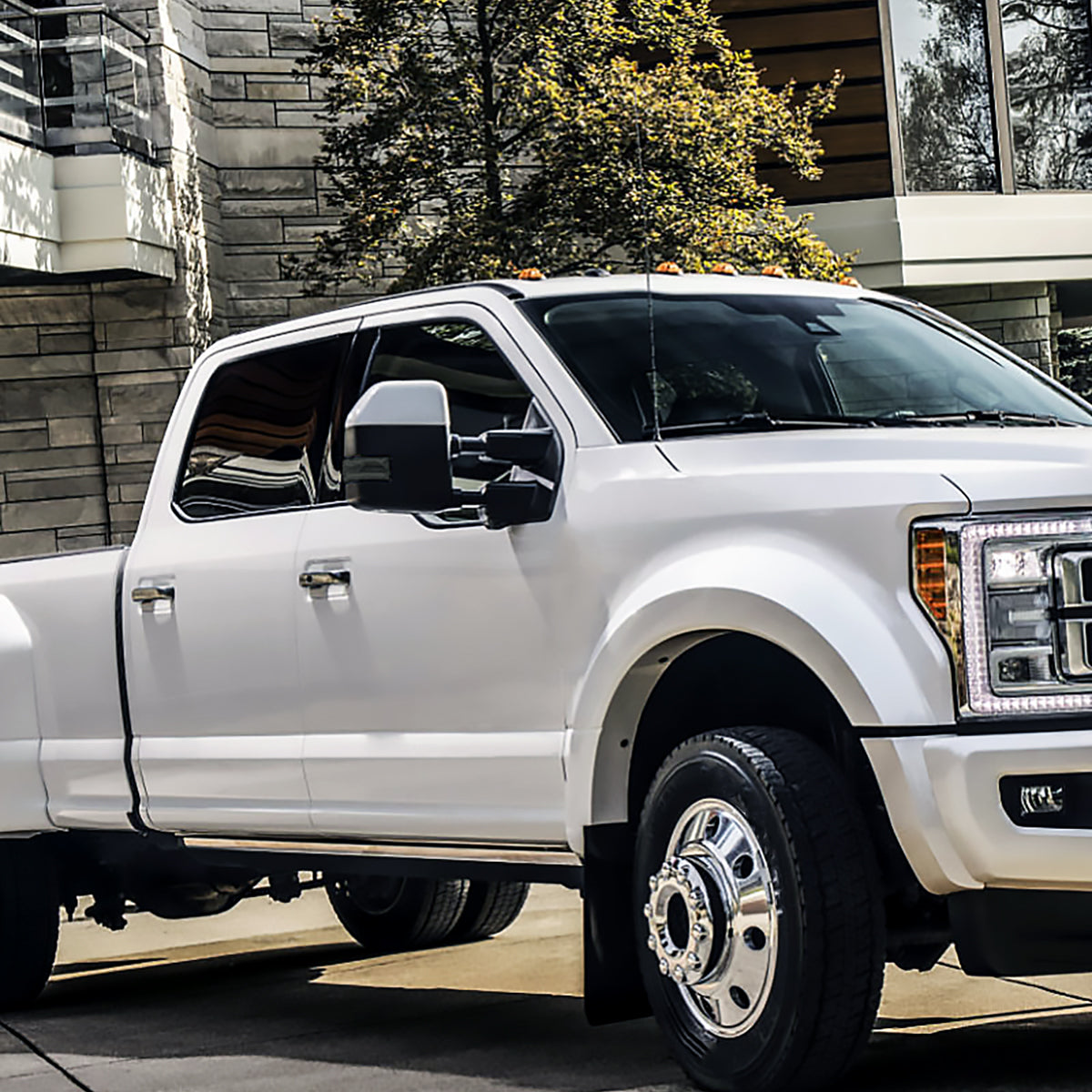 2017-2019 Ford F-250/F-350/F-450/F-550 Power Adjustable, Heated, BSM, ATS, & Manual Extendable Towing Mirrors w/ Smoked Lens LED Turn Signal, Clearance, & Auxiliary Lights