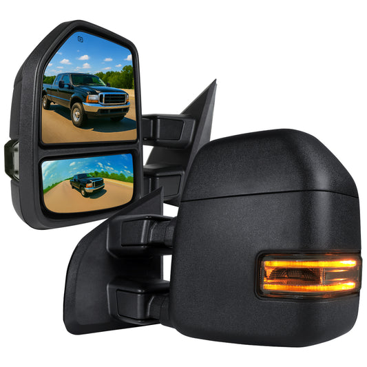 1999-2016 Ford F-250/F-350/F-450 Power Adjustable, Heated, & Manual Extendable Towing Mirrors w/ Smoked Lens LED Turn Signal & Clearance Lights