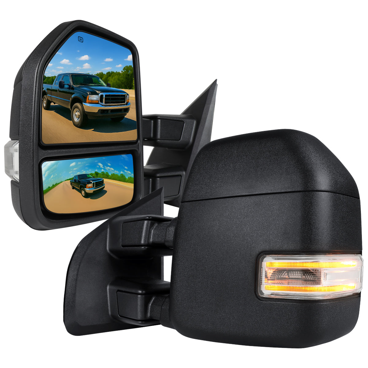 1999-2016 Ford F-250/F-350/F-450 Power Adjustable, Heated, & Manual Extendable Towing Mirrors w/ Clear Lens LED Turn Signal & Clearance Lights