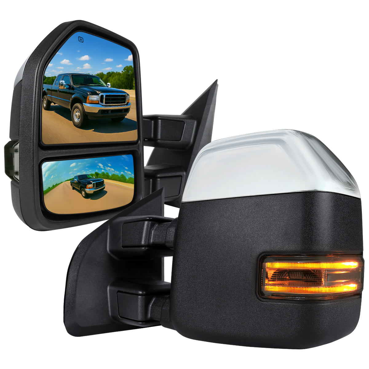 1999-2016 Ford F-250/F-350/F-450 Power Adjustable, Heated, & Manual Extendable Chrome Towing Mirrors w/ Smoked Lens LED Turn Signal & Clearance Lights