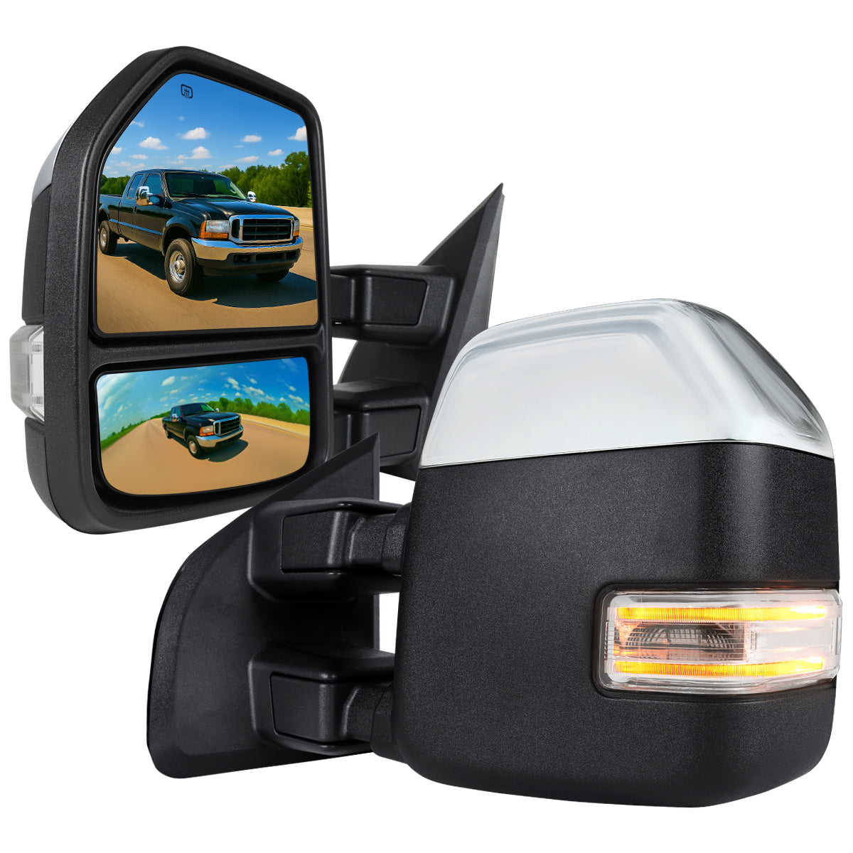 1999-2016 Ford F-250/F-350/F-450 Power Adjustable, Heated, & Manual Extendable Chrome Towing Mirrors w/ Clear Lens LED Turn Signal & Clearance Lights