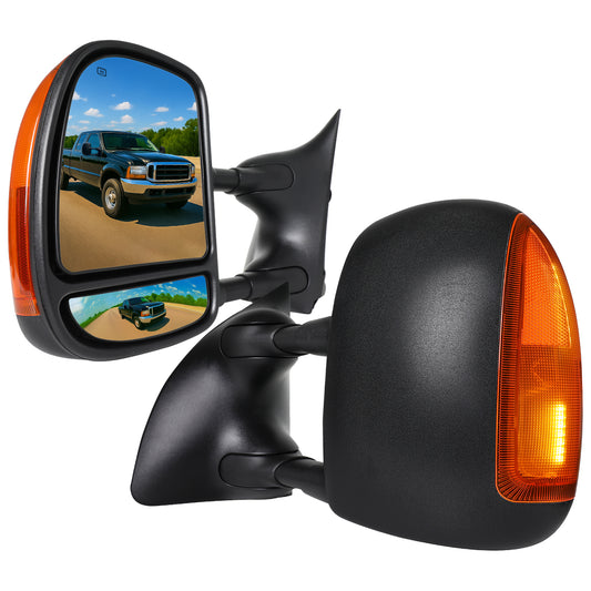 1999-2007 Ford F-250/F-350/F-450/F-550 Excursion Power Adjustable, Heated, & Manual Extendable Towing Mirrors w/ Amber Lens LED Turn Signal Lights