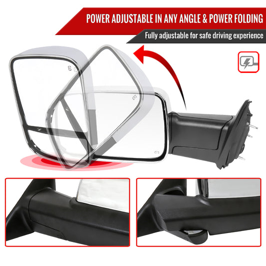 2013-2017 Dodge RAM 1500/2500/3500 Power Adjustable, Auto-Fold, Heated, & Manual Extendable Chrome Towing Mirrors w/ LED Turn Signal & Puddle Lights