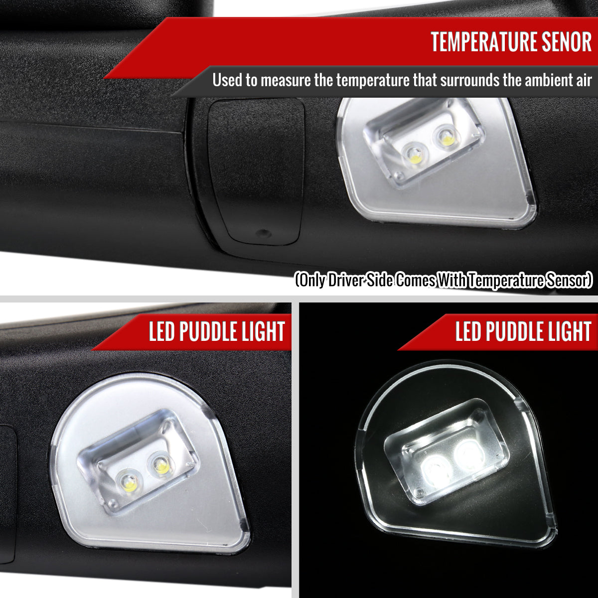 2013-2015 Dodge RAM Power Adjustable, Heated, & Manual Extendable Towing Mirrors w/ Clear Lens LED Turn Signal & Puddle Lights
