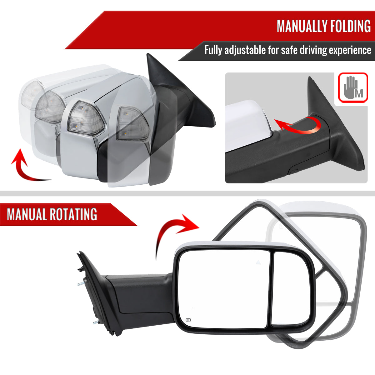 2019-2022 Ram 2500 3500 Chrome Power Adjustable, Manual Fold, BSD & Heated Side Mirror w/ LED Puddle and Turn Signal Light - Passenger Side Only
