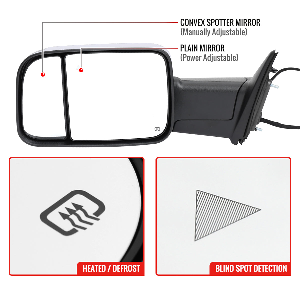 2019-2022 Ram 2500 3500 Chrome Power Adjustable, Auto-Fold, BSD & Heated Side Mirror w/ LED Puddle and Turn Signal Light - Driver Side Only