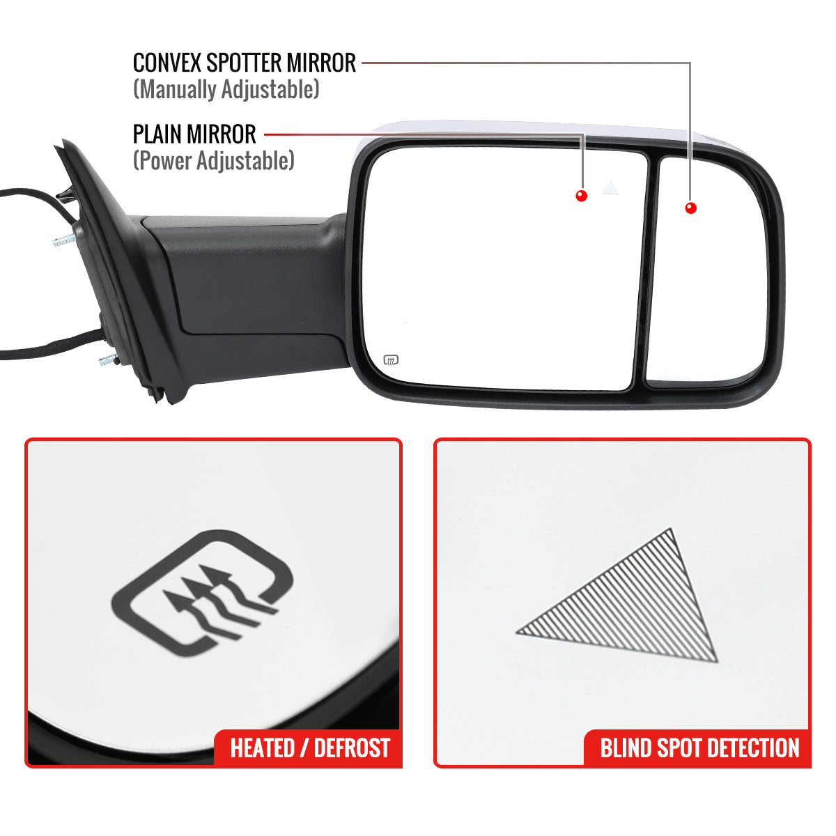 2019-2022 Ram 2500 3500 Chrome Power Adjustable, Auto-Fold, BSD & Heated Side Mirror w/ LED Puddle and Turn Signal Light - Passenger Side Only