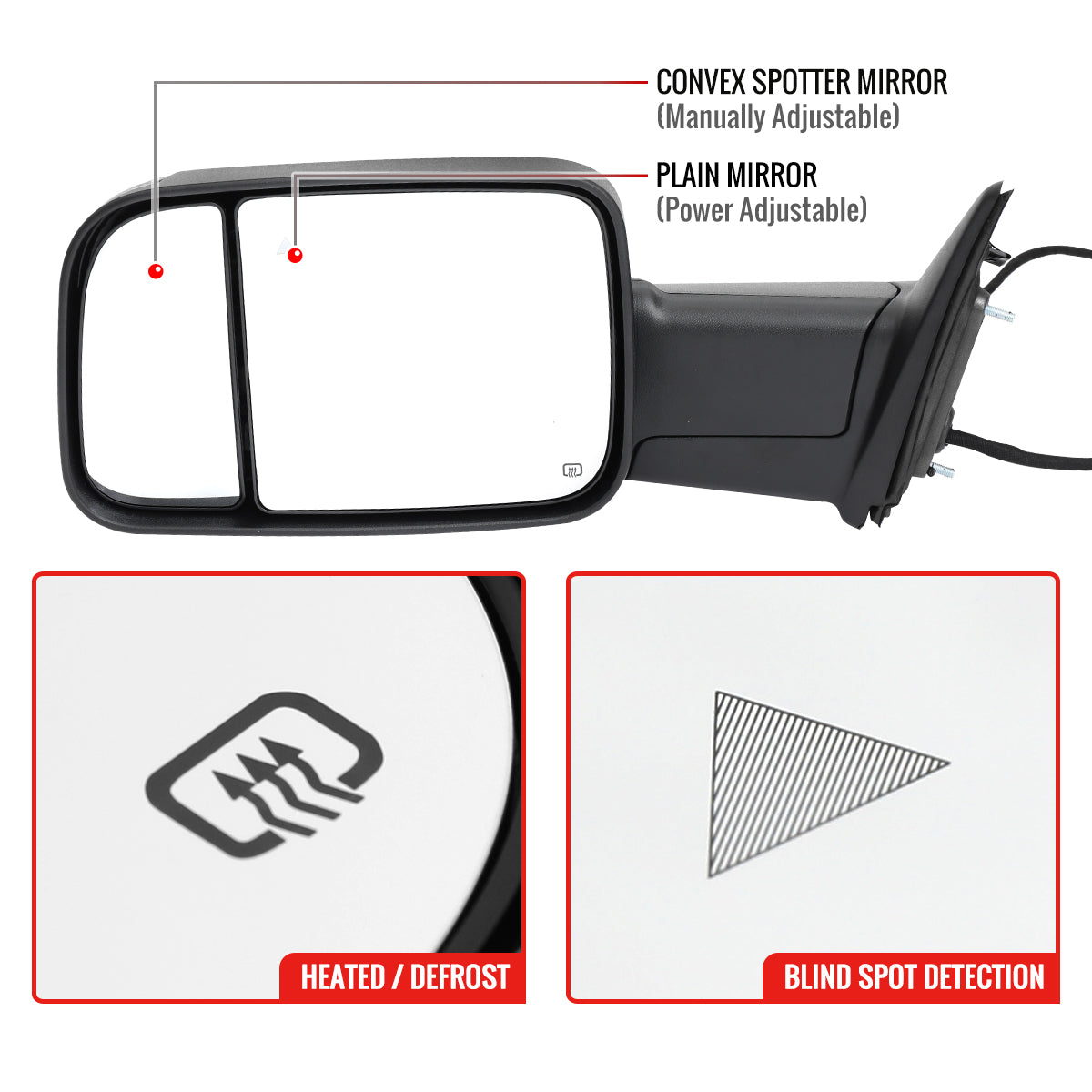 2019-2022 Ram 2500 3500 Black Power Adjustable, Manual Fold, BSD & Heated Side Mirror w/ LED Puddle and Turn Signal Light - Driver Side Only