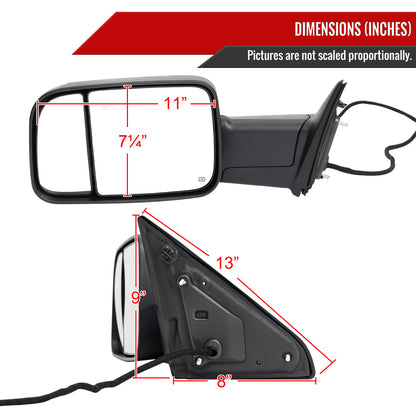 2019-2022 Ram 2500 3500 Black Power Adjustable, Manual Fold, BSD & Heated Side Mirror w/ LED Puddle and Turn Signal Light - Driver Side Only