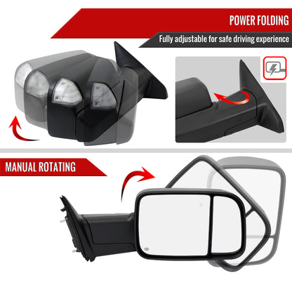 2019-2022 Ram 2500 3500 Black Power Adjustable, Auto-Fold, BSD & Heated Side Mirror w/ LED Puddle and Turn Signal Light - Passenger Side Only