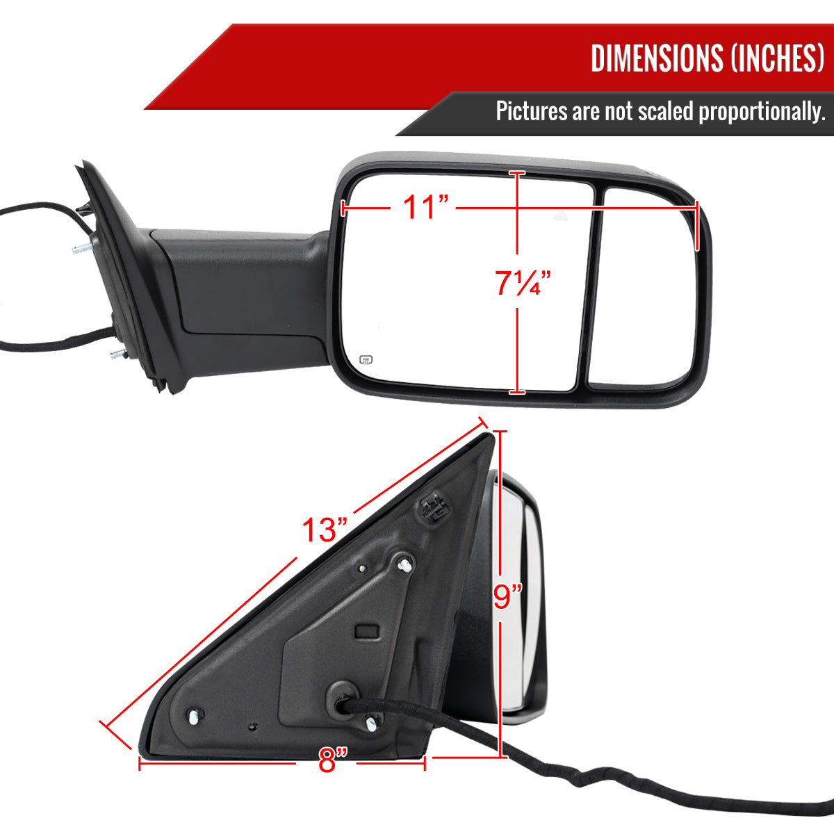 2019-2022 Ram 2500 3500 Black Power Adjustable, Auto-Fold, BSD & Heated Side Mirror w/ LED Puddle and Turn Signal Light - Passenger Side Only