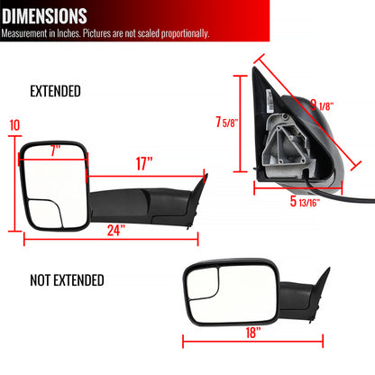 1994-1997 Dodge RAM Power Adjustable, Manual Fold & Extendable Towing Mirrors