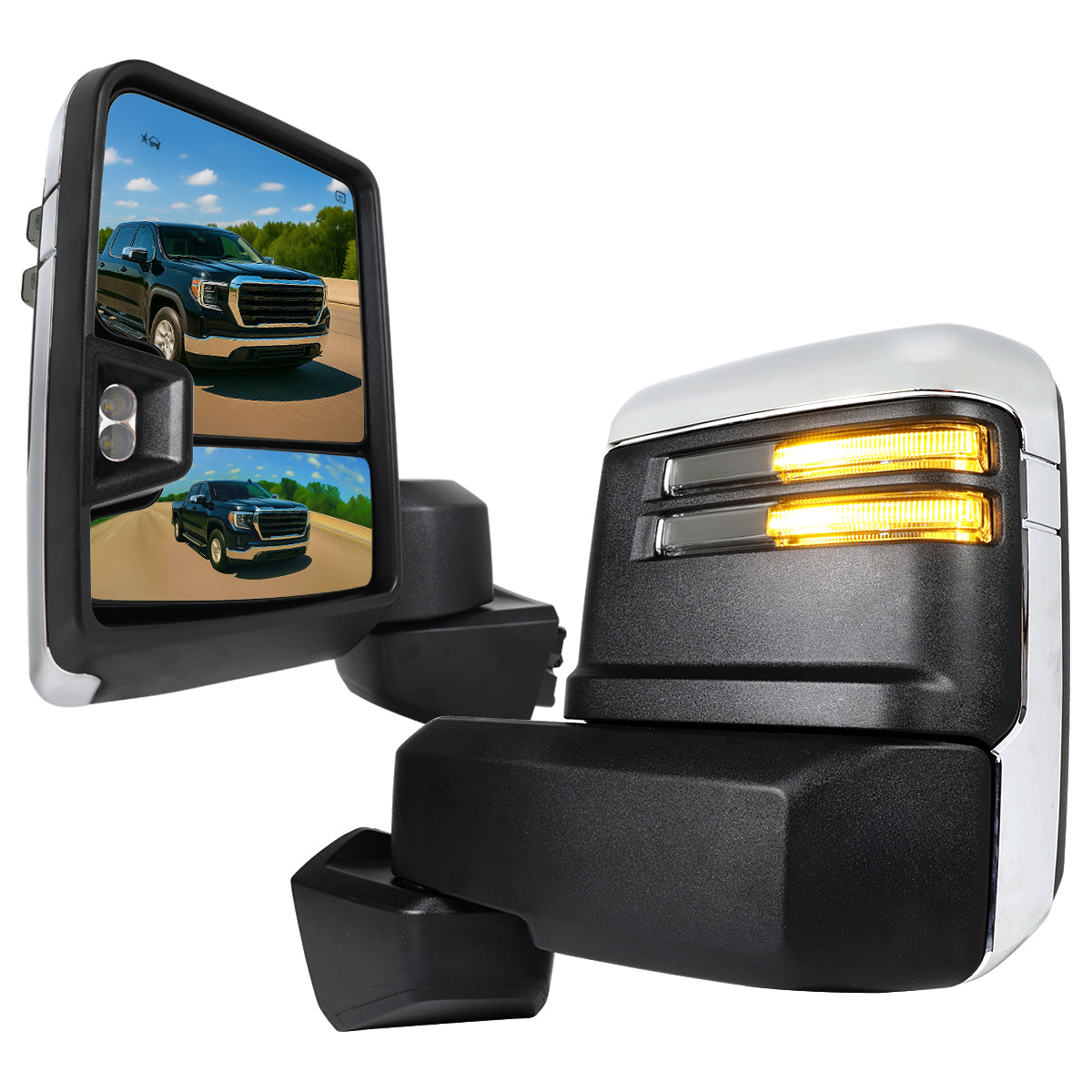2019-2024 GMC Sierra 1500 Power Adjustable, Heated, & Manual Extendable Chrome Towing Mirrors w/ Smoked Lens LED Turn Signal & Clearance Lights