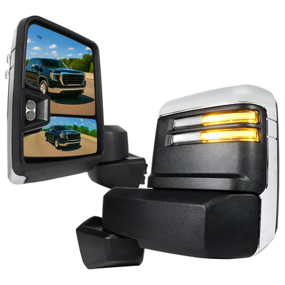 2019-2024 GMC Sierra 1500 Power Adjustable, Heated, & Manual Extendable Chrome Towing Mirrors w/ Clear Lens LED Turn Signal & Clearance Lights