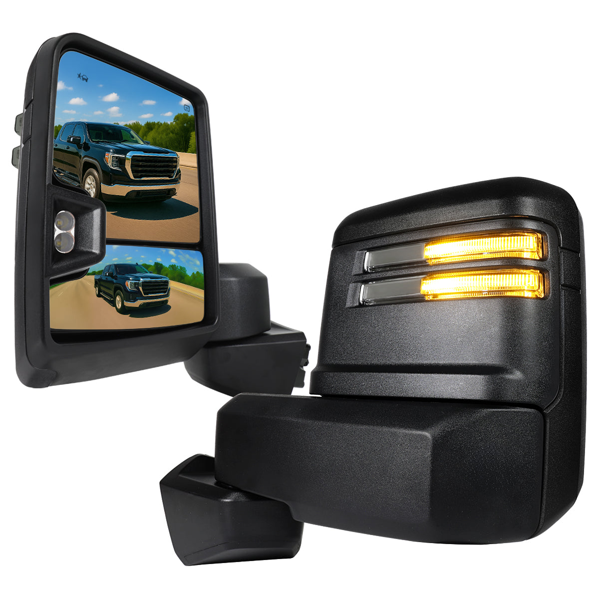 2019-2024 GMC Sierra 1500 Power Adjustable, Heated, & Manual Extendable Black Towing Mirrors w/ Smoked Lens LED Turn Signal & Clearance Lights