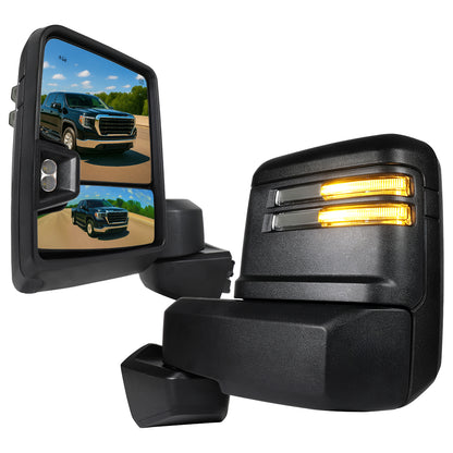 2019-2024 GMC Sierra 1500 Power Adjustable, Heated, & Manual Extendable Black Towing Mirrors w/ Smoked Lens LED Turn Signal & Clearance Lights