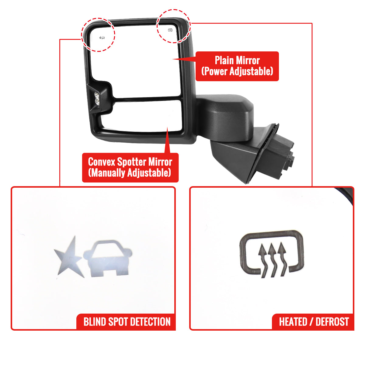2019-2024 GMC Sierra 1500 Power Adjustable, Heated, & Manual Extendable Black Towing Mirrors w/ Clear Lens LED Turn Signal & Clearance Lights