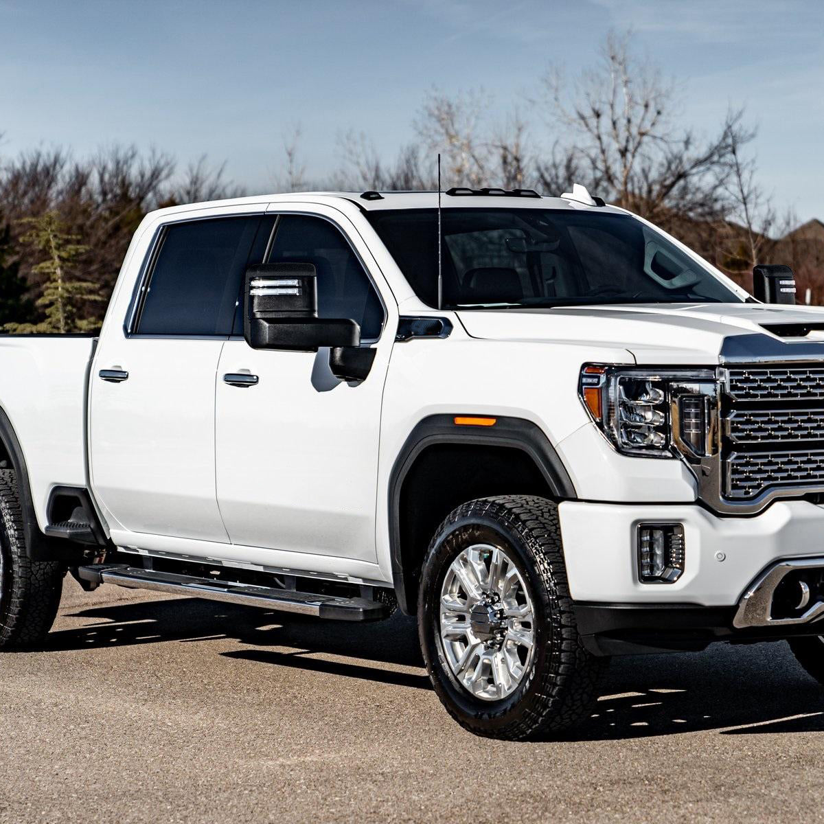 2019-2024 GMC Sierra 1500 Power Adjustable, Heated, & Manual Extendable Black Towing Mirrors w/ Clear Lens LED Turn Signal & Clearance Lights