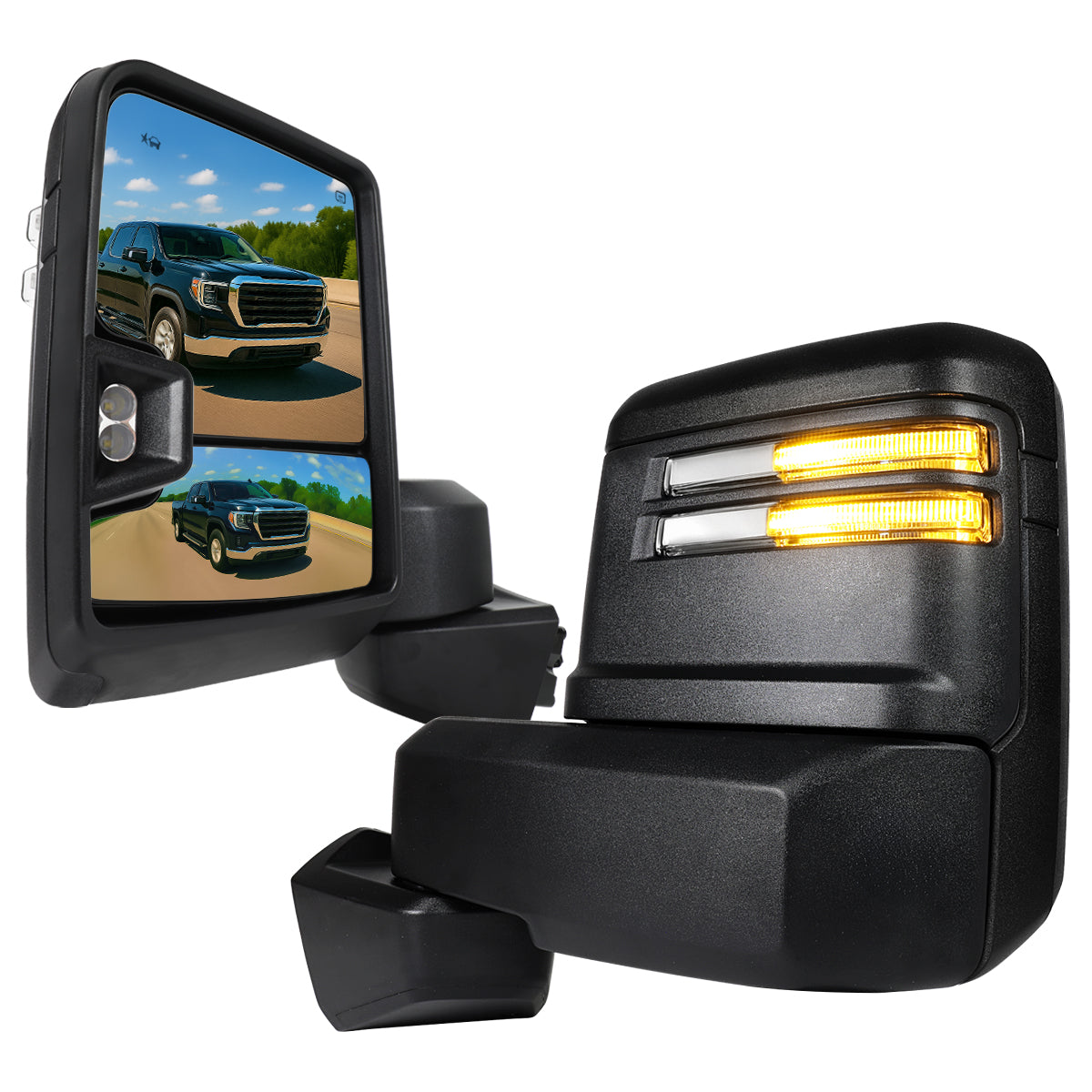2019-2024 GMC Sierra 1500 Power Adjustable, Heated, & Manual Extendable Black Towing Mirrors w/ Clear Lens LED Turn Signal & Clearance Lights