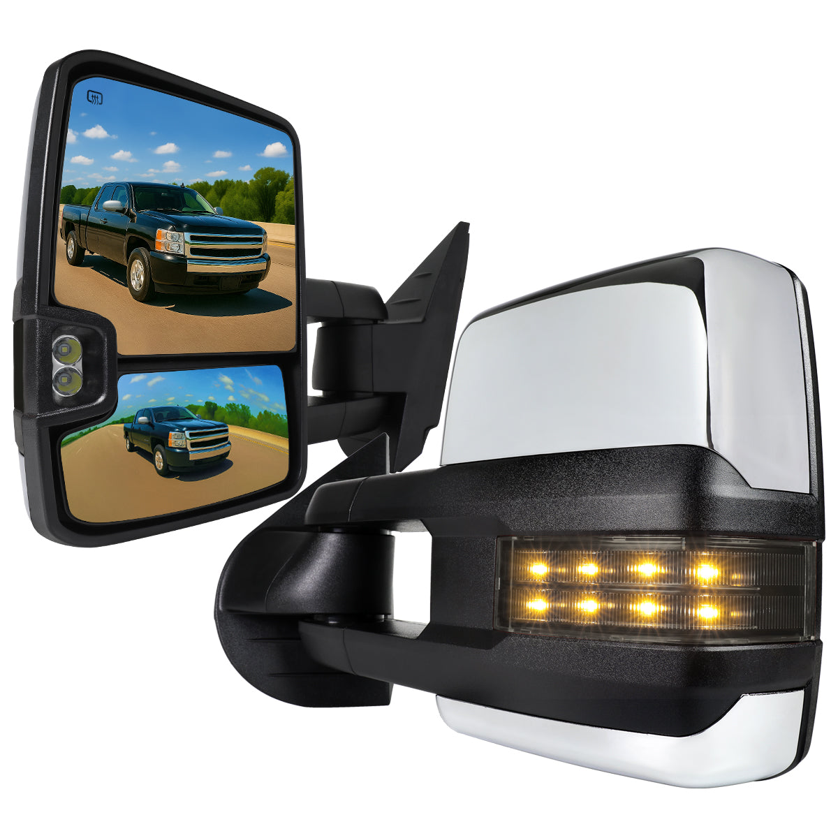 2007-2014 Chevrolet Silverado/Suburban/ GMC Sierra/Yukon/Yukon XL Power Adjustable, Heated, & Manual Extendable Chrome Towing Mirrors w/ Smoked Lens LED Turn Signal & Clearance Lights