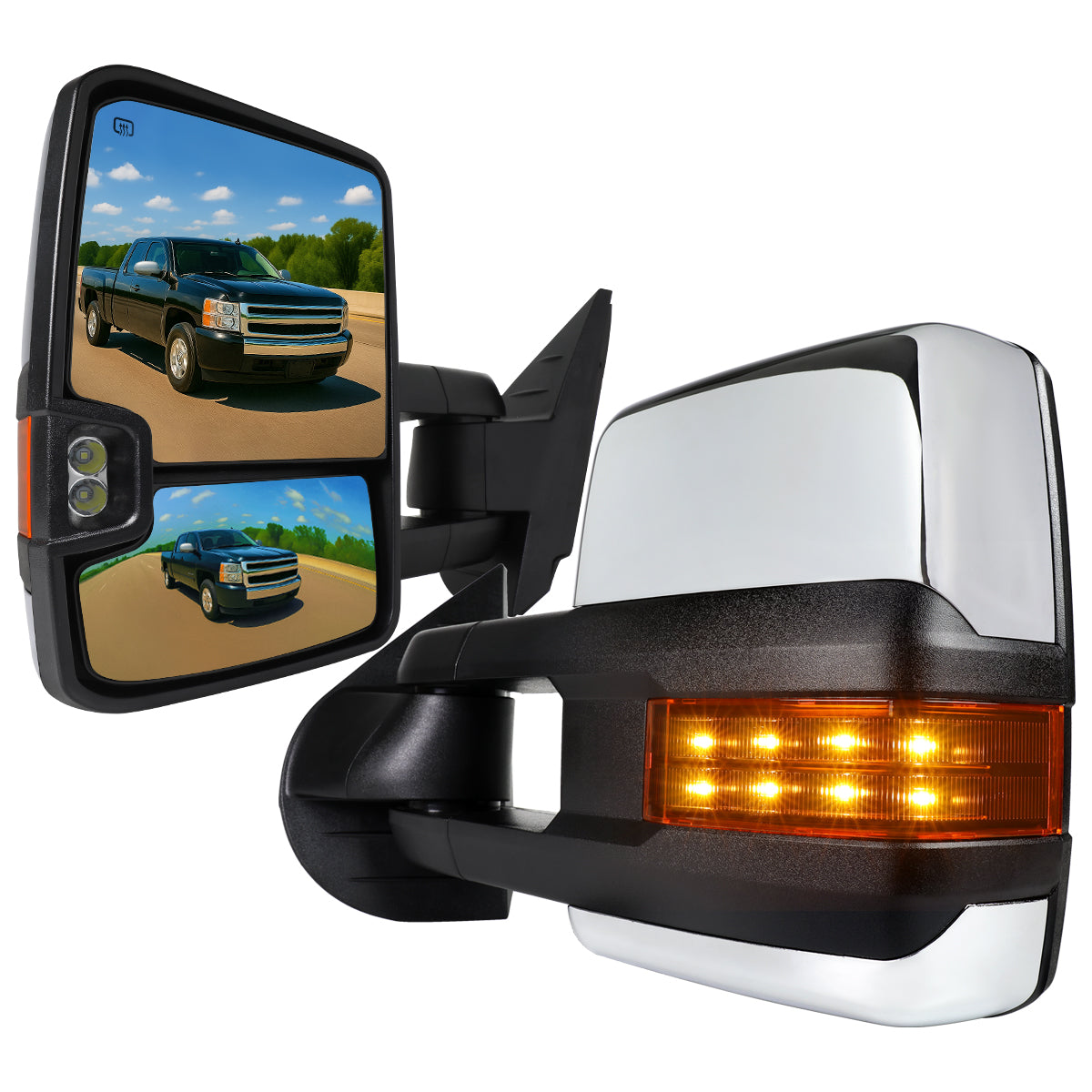 2007-2014 Chevrolet Silverado/Suburban GMC Sierra/Yukon/Yukon XL Power Adjustable, Heated, & Manual Extendable Chrome Towing Mirrors w/ LED Turn Signal & Clearance Lights
