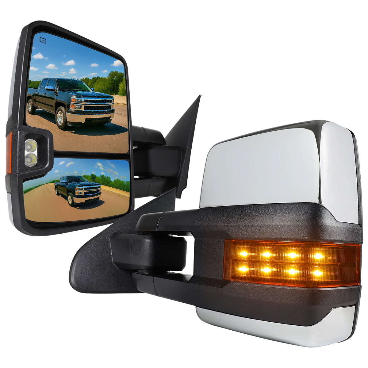 2014-2018 Chevrolet Silverado/ GMC Sierra Power Adjustable, Folding, Heated, & Manual Extendable Chrome Towing Mirrors w/ LED Turn Signal & Clearance Lights