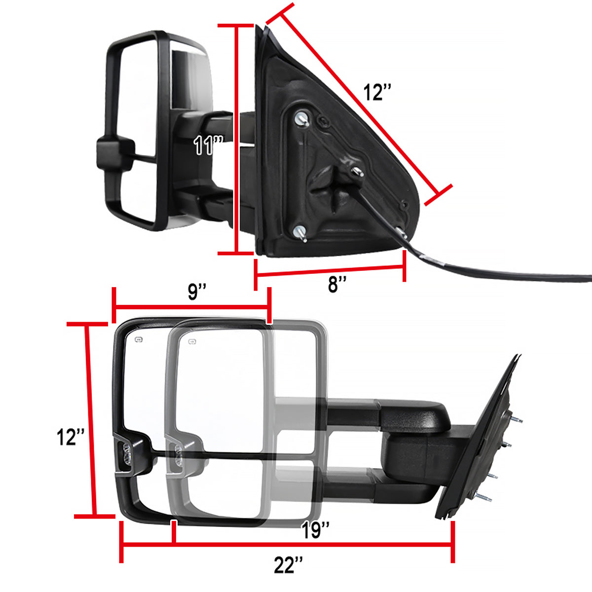 2014-2018 Chevrolet Silverado/ GMC Sierra Power Adjustable, Folding, Heated, & Manual Extendable Towing Mirrors w/ Smoked Lens LED Turn Signal & Clearance Lights