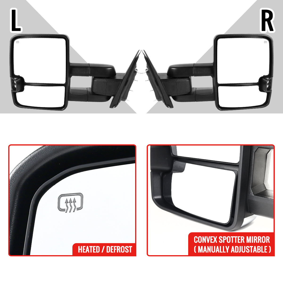 2014-2016 Chevrolet Silverado/GMC Sierra Power Heated ATS Manual Extendable Chrome Towing Mirrors w/ Amber Lens Turn Signal & Clearance Lights