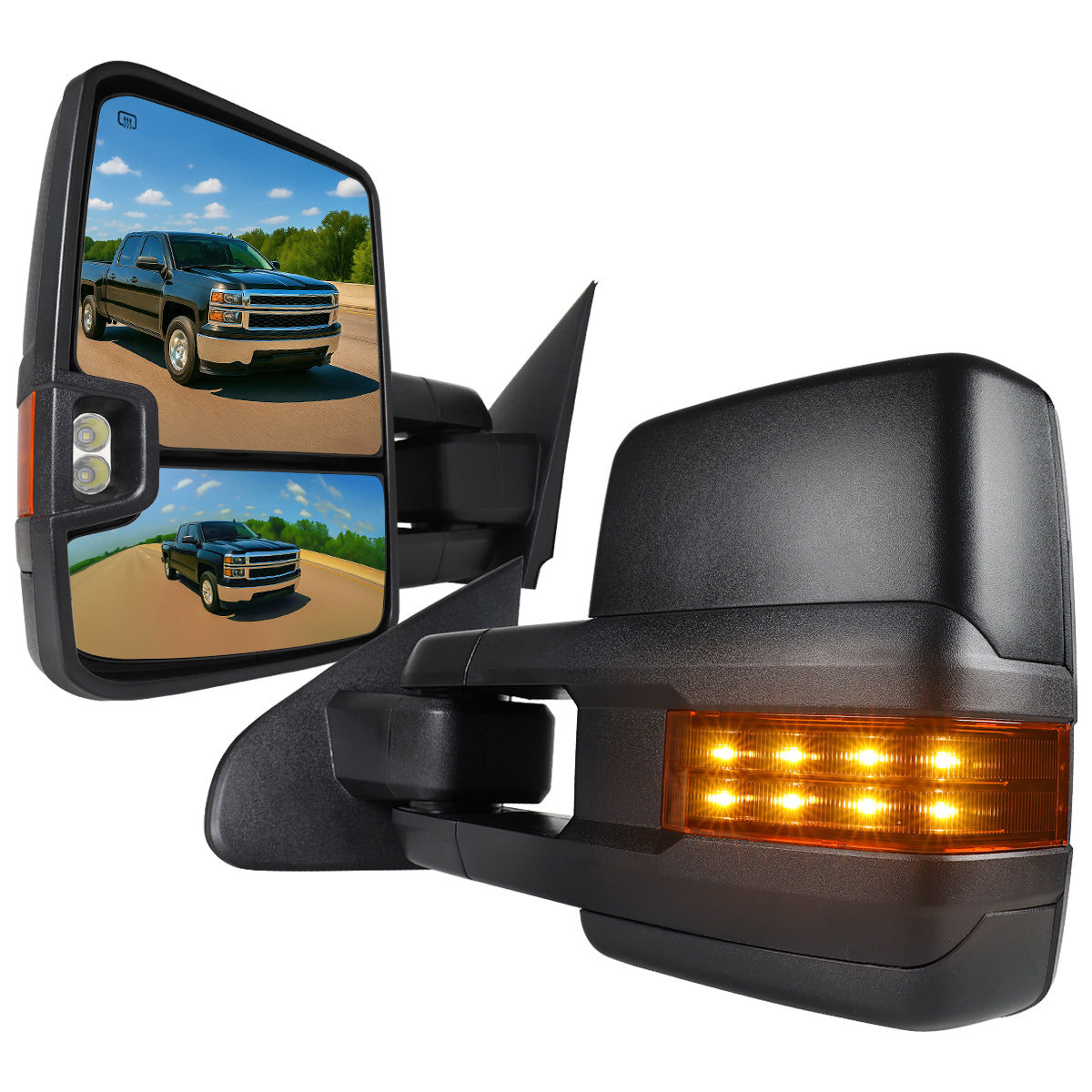 2014-2018 Chevrolet Silverado/ GMC Sierra Power Adjustable, Folding, Heated, & Manual Extendable Black Side Mirrors w/ Amber Lens LED Turn Signal & Clearance Lights