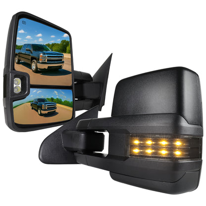 2014-2018 Chevrolet Silverado/ GMC Sierra Power Adjustable, Folding, Heated, & Manual Extendable Black Towing Mirrors w/ Smoked Lens LED Turn Signal & Clearance Lights
