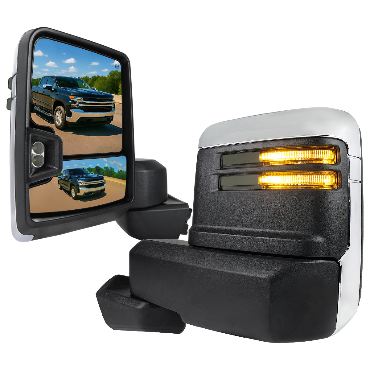 2019-2023 Chevrolet Silverado 1500 Power Adjustable, Heated, & Manual Extendable Chrome Towing Mirrors w/ Smoked Lens LED Turn Signal & Clearance Lights