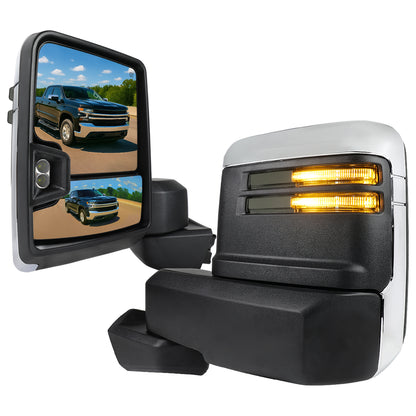 2019-2023 Chevrolet Silverado 1500 Power Adjustable, Heated, & Manual Extendable Chrome Towing Mirrors w/ Smoked Lens LED Turn Signal & Clearance Lights