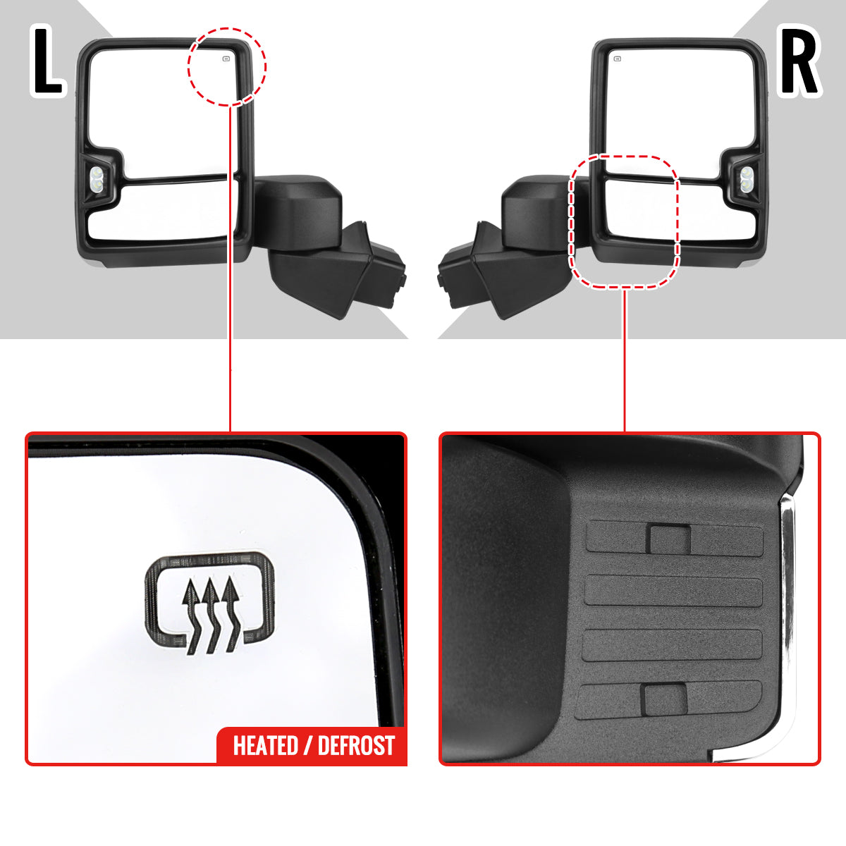 2019-2023 Chevrolet Silverado 1500 Power Adjustable, Heated, & Manual Extendable Chrome Towing Mirrors w/ Clear Lens LED Turn Signal & Clearance Lights