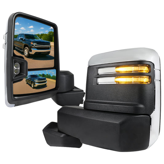 2019-2023 Chevrolet Silverado 1500 Power Adjustable, Heated, & Manual Extendable Chrome Towing Mirrors w/ Clear Lens LED Turn Signal & Clearance Lights