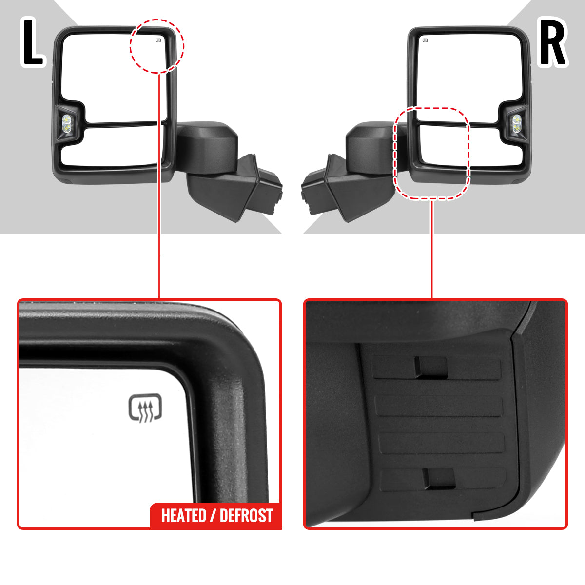 2019-2023 Chevrolet Silverado 1500 Power Adjustable, Heated, & Manual Extendable Black Towing Mirrors w/ Smoked Lens LED Turn Signal & Clearance Lights