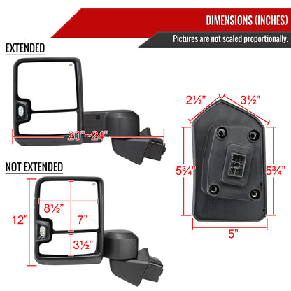2019-2023 Chevrolet Silverado 1500 Power Adjustable, Heated, & Manual Extendable Black Towing Mirrors w/ Smoked Lens LED Turn Signal & Clearance Lights