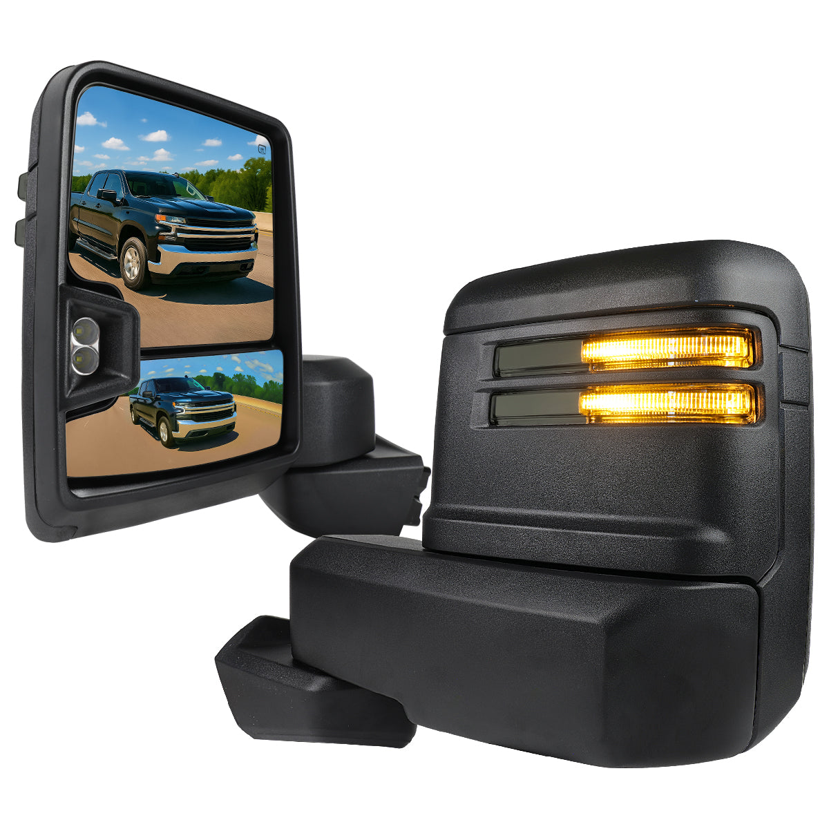 2019-2023 Chevrolet Silverado 1500 Power Adjustable, Heated, & Manual Extendable Black Towing Mirrors w/ Smoked Lens LED Turn Signal & Clearance Lights