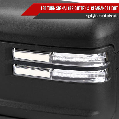 2019-2023 Chevrolet Silverado 1500 Power Adjustable, Heated, and Manual Extendable Black Towing Mirrors with Clear Lens LED Turn Signal & Clearance Lights