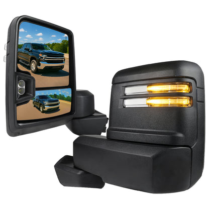 2019-2023 Chevrolet Silverado 1500 Power Adjustable, Heated, and Manual Extendable Black Towing Mirrors with Clear Lens LED Turn Signal & Clearance Lights