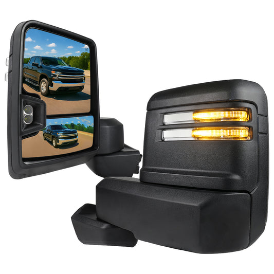 2019-2023 Chevrolet Silverado 1500 Power Adjustable, Heated, and Manual Extendable Black Towing Mirrors with Clear Lens LED Turn Signal & Clearance Lights